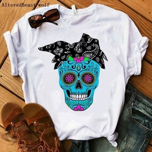 Summer New Fashion Women T-shirt Blue Suger Skull Black Bandana Mom Tshirt Casual Female Clothes O-neck Women Punk T Shirt Femme