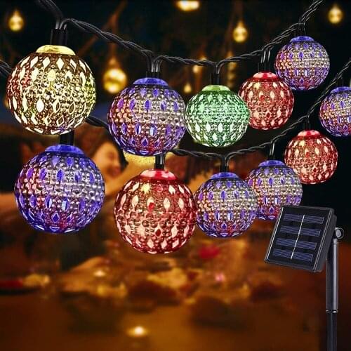 Solar Moroccan Ball Lamp String Waterproof LED Wrought Iron Metal Hollow Out Ball Colorful Fairy Light Lighting Outdoor Decor