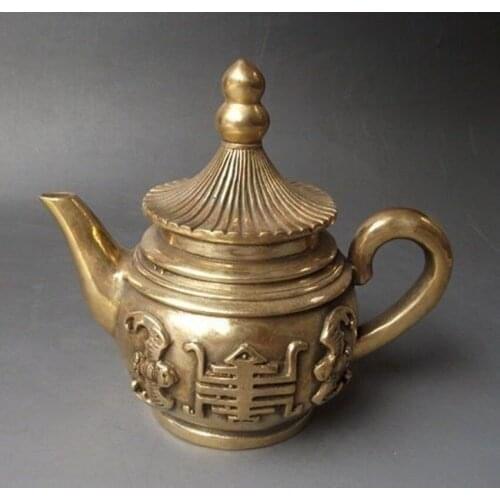Exquisite Rare Chinese Brass Engraving "fu" Teapot