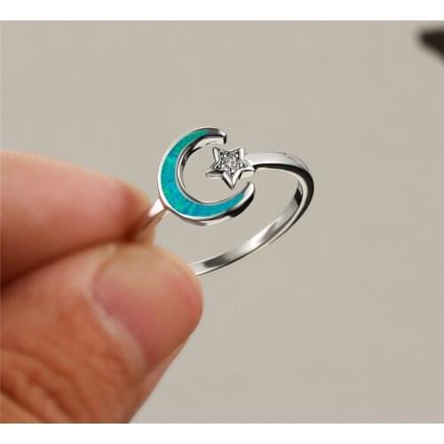 White Blue Opal Moon Ring Luxury Crystal Stone Cute Star Ring Vintage Silver Color Engagement Rings For Women Minimalist Jewelry