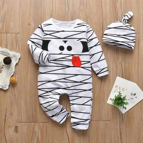 Newborn Baby Boy Romper Cotton Long Sleeve Cartoon Print Jumpsuits and Hat Infant Toddler Clothes Outfits