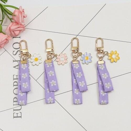 Fashion Elegant Purple Ribbon Keychain Simple Flower Keyring Korean Car Bag Ornament Bluetooth Headset Pendant Charm Accessories