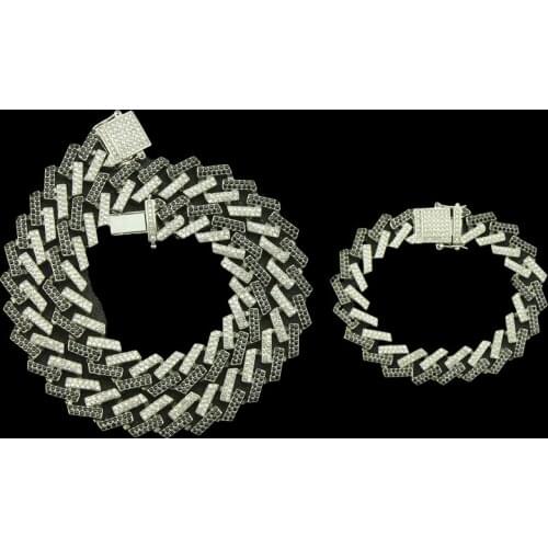 Mens 15mm Heavy Iced Out Miami Cuban Chain Set Rapper Rhinestone Necklace Choker Bling Hip hop Bracelet Jewelry Silver Color New