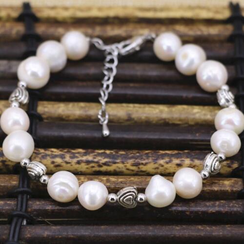 Natural 9-10mm White Pearl Beads Strand Bracelet & Bangle for Women Silver-color Spacers Factory Outlet Jewelry 7.5inch B3094