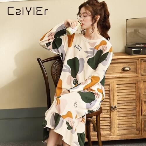 CAIYIER Cotton Women Nightgoen Winter O-Neck Sleepwear Flower Print Leisure Girls Nightdress Cartoon Plus Size Home Sleep Dress