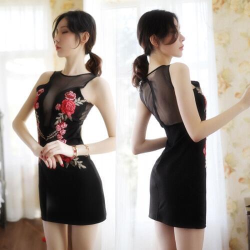 Sexy mousse nightdress for woman sleepwear Cheongsam flowers deep V personality bar temptation mesh velvet stitching Lingerie