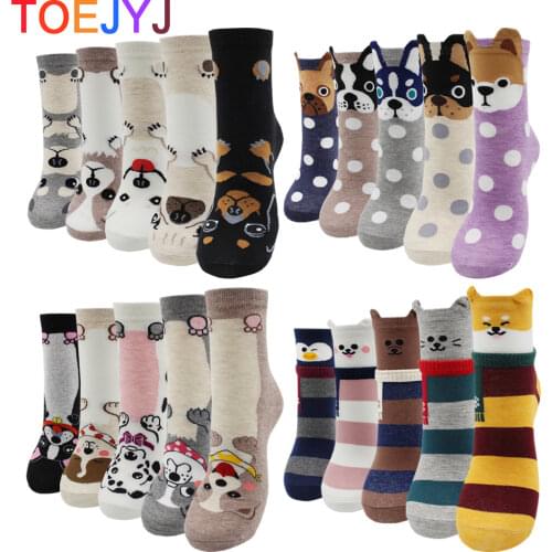 5 Pairs Fashion Colorful Four Season Harajuku Korean Women Cotton Socks Kawaii Cute Cartoon Cat Dog Fox Pack Socks for Girl