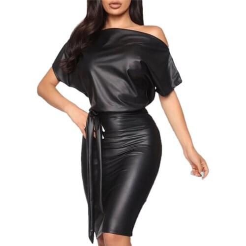 New Women PU Leather Mini Dress Sexy Black Crew Neck Wet Look Bodycon Bandage Party Club Mini Dress