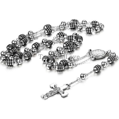 New Vintage Black Rosary Jesus Christ Crucifix Necklacce Stainless Steel Bead Chain long necklaces pendants for Men Women 84cm