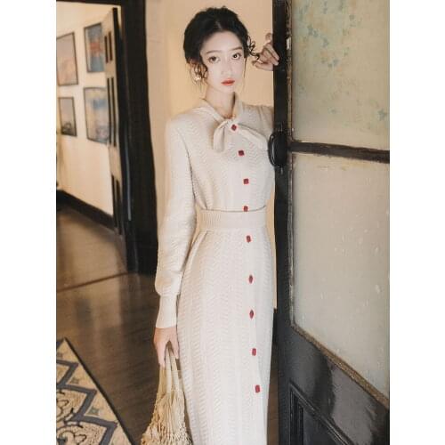 Autumn French Style Elegant Bow Collar Party Knitting Dress Women Long Sleeve Temperament Vintage Midi Dresses Female Vestido