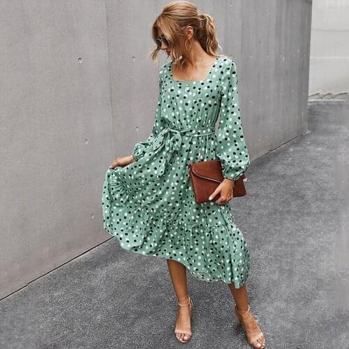Foridol polka dot casual maxi dress women spring autumn long dress belt waist boho dress elegant ladies long sleeve dress