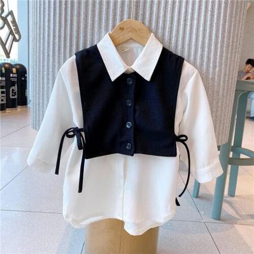 Girls 2021 Autumn Korean Loose Little Girls Long Sleeve Shirt & Vest Two Piece Set Blouse Cute White Long Tops Children Costume
