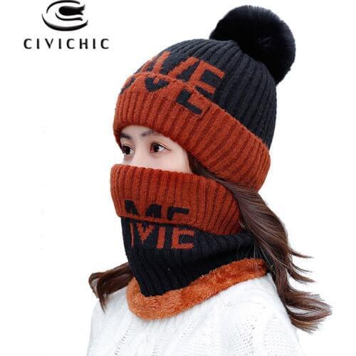 Chic Women Knit Scarf Hat 2 PCS Warm Set Autumn Winter Thick Fleece Letter Jacquard Cap Neck Warmer Crochet Pompon Headwear H134