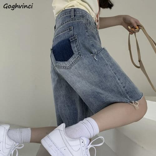 Hole High Waist Shorts Women Denim Slim Oversize Knee-length Retro Couples Harajuku Zipper-fly Wide-leg Streetwear Fur-lines Ins