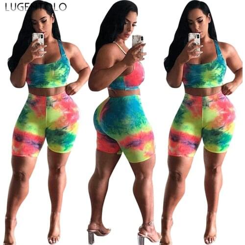 Sports Two-piece Set Summer Women Large Size Tank Vest Tops Tie Dye Elastic Waist Slim Shorts Female Casual Sets Lugentolo
