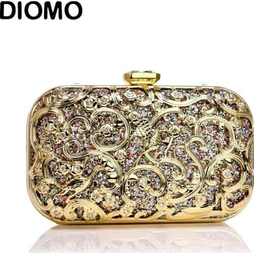 DIOMO Women High Quality Metal Relief Clutch Bag Luxury Diamond Female Dinner Bag Wedding Purse Party Evening Bag with Chain