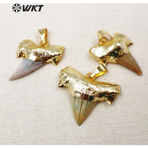WT-P855 New Coming ! Raw Shark Bone Tooth Pendant Jewelry With 24K Metal Electroplated Pendant For Necklaces About30mm