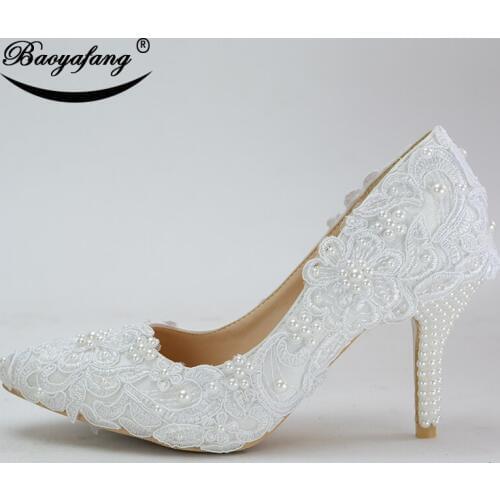 BaoYaFang Pointed Toe New arrival Autumn White Wedding shoes Ladies Lace dress shoes woman fashion High heel shoes
