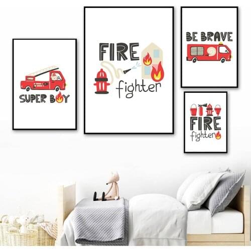 Fire Truck Car With Lettering Cartoon Poster Trendy Nursery Wall Art Firefighter Prints Canvas Painting Baby Boy Room Decoration
