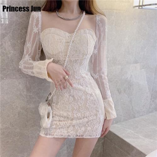 Retro French Fashion Women Fairy Lace Dress 2021 New Spring Long Sleeve Elegant Pencil Dress Slash Neck Bottoming Mini Dress