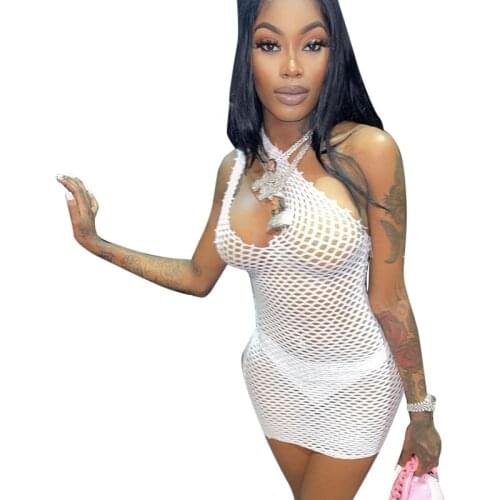 Womens 2021 autumn fashion casual new one-shoulder hollow out net perspective sexy skirt dress woman