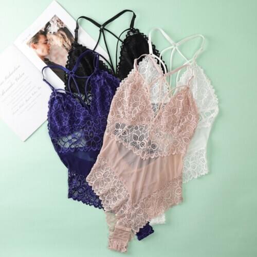 Women Sexy Lace Lingerie Bodysuit One-piece Underwear Push Up Bra Bodysuits Halter Deep V Bras Panties Thongs Backless Intimates