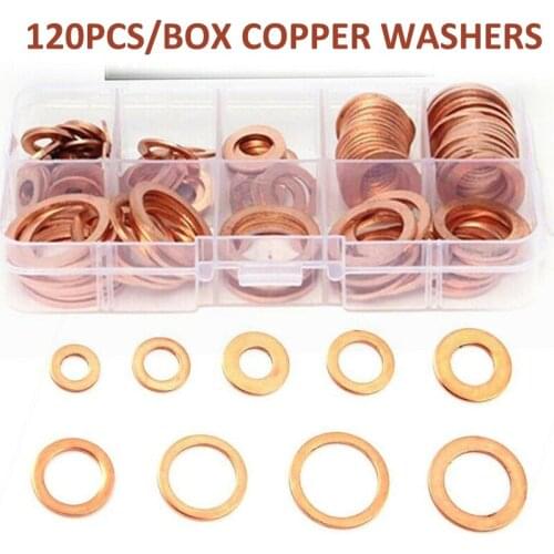 120pcs/box Copper Washers Gasket Set Flat Seal Seal Ring Assortment Kit High Quality Washer Tools for Pumps Valves Beas Fastener