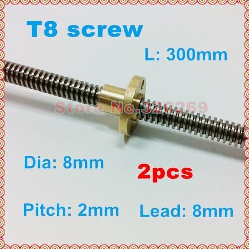 2pcs T8 Type Stainless Steel 8Mm Diameter Trapezoidal Lead Screw L 300Mm + Flange Copper Brass Nut for 3D Printer Z Axis