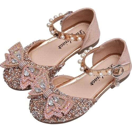 2021 High Quality Shoes Cute Girls Bling Bling Diamond Bowtie Soft Leather Shoes Kids Pearls Velcro Flat Shoes 2-18 Years Old