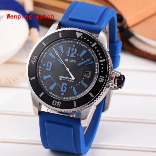 43mm Bliger Mechanical Automatic mens Watch Black Dial brushed solid stainless steel case Blue Rubber strap 1918