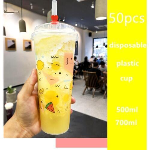 50pcs Disposable plastic cup with lid cold drink thickening juice milk tea drink transparent cup 500ml 700ml tea packing cups