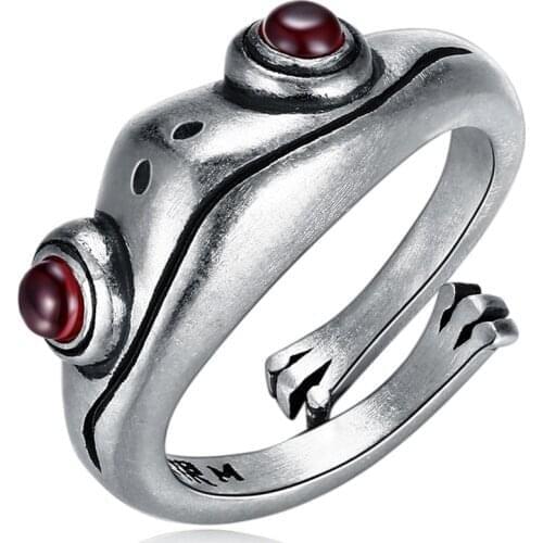 925 Sterling Silver Ring Frog Retro Personality Creative Animal Unisex Red Garnet Frog Open Adjustable Rings