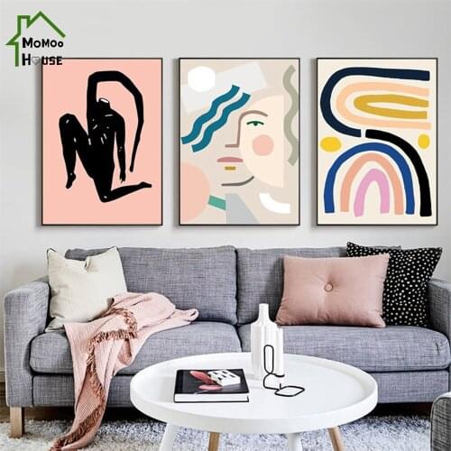 Abstract Figure Line Girl Vintage Vase Leaf Canvas Painting for Living Room Wall Art Decorative Poster Print Picture Home Decor