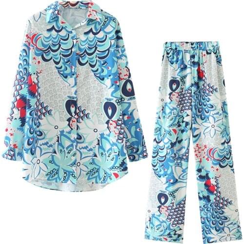 Aonibeier 2021 Za Woman Suits Traf Outfits Female Summer Thin Style Printed Loose Shirt + Ankle Length Pants Casual 2 Piece Sets