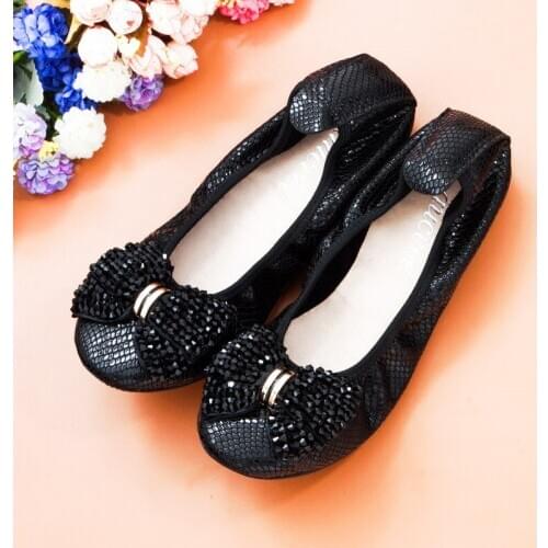 AUCVEE Genuine Leather Women Ballet Flats Shoes New Slip-On Soft String Bead Bow Decoration Boat Shoes Women Flats Zapatos Mujer