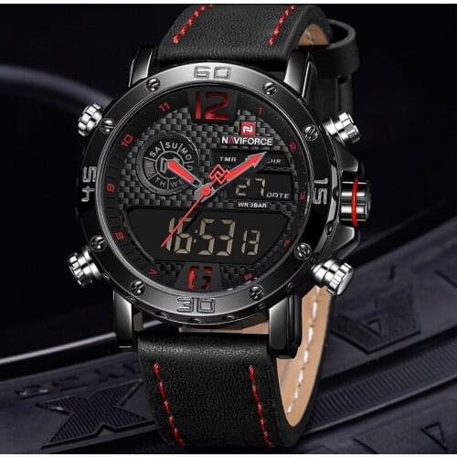 Top Brand NAVIFORCE Watches for Men Fashion Leather Band Sports Wrist Watch Military Waterproof Digital Quartz Analog Clock 9134