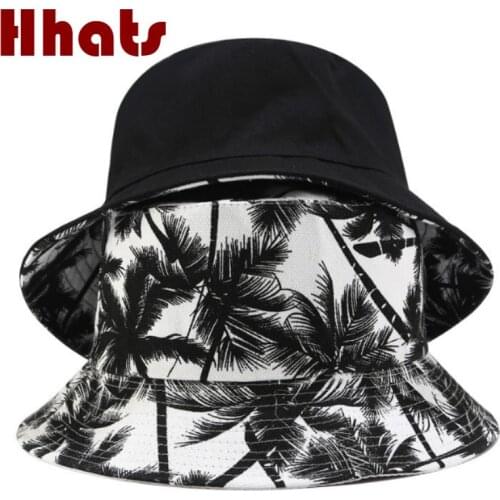 Printed Coconut Tree Reversible Bucket Hat Hip Hop Double Side Palm Tree Fisherman Hat Two Side Wear Fishing Cap Beach Panama
