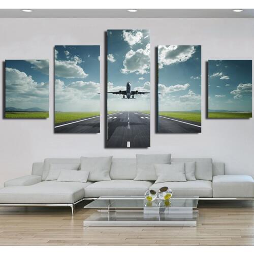 Vintage Home Decor Paintings On Canvas 5 Pieces Ground Take Off Airplane Framework Pictures Posters And Prints On The Wall