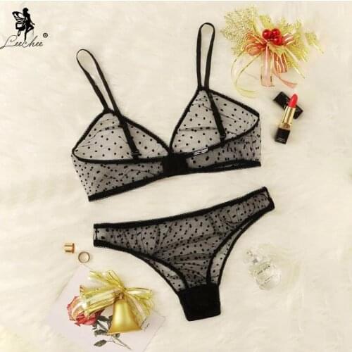 Leechee New Womens Lingerie Set Black Dot Breathable Mesh Bra Suit Wire Free Transparent Sleepwear Three-Point Sexy Underwear