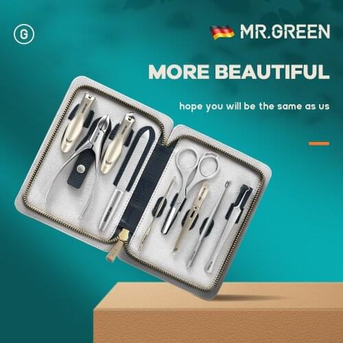 MR.GREEN Manicure Set Genuine Leather Grooming Kit Nail File Cutter Nippers Nose Scissors Cuticle Trimmer Ingrown Toenail