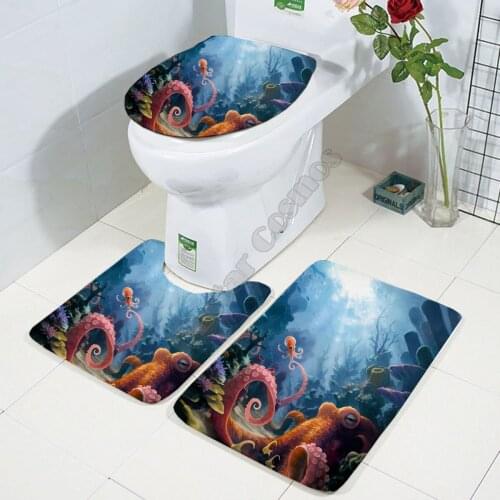 Octopus Three-piece set 3D printed Bathroom Pedestal Rug Lid Toilet Cover Bath Mat Set drop shipping 2