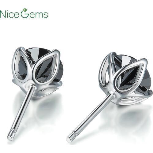 NiceGems 2.0cttw Round Black Moissanite Stud Earrings 14K White Gold Earrings For women Ladies Gift Handcrafted