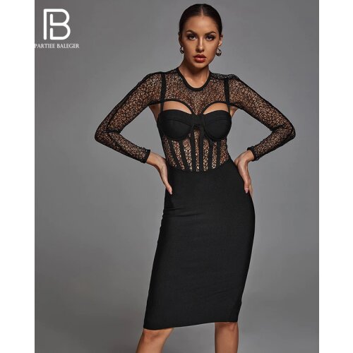 PB 2020 New Trendy Lace Patchwork Long Sleeves Sexy Hollow Out Backless Design Celebrity Party Club Bandage Midi Dress