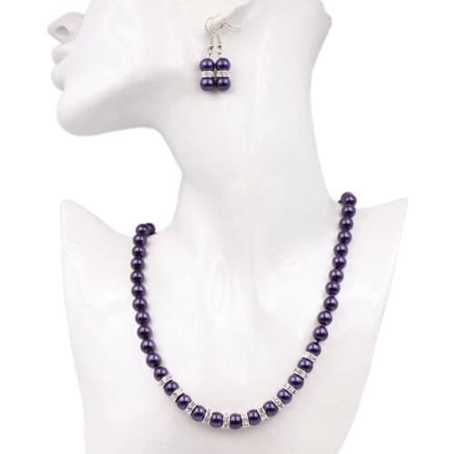 Trendy Glass Pearl Shell Beads Strand Necklace Earrings Jewelry Set Female Round Sets Marvelous Party Anniversary Gift 18" B120