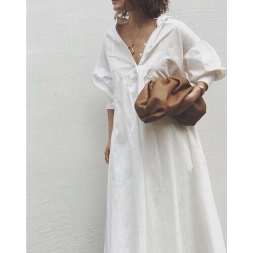 Casual White Shirt Dress Maxi Chic Korean Japan Oversize Women 2021 Summer Slim Solid Color Office Ladies Long Dresses A