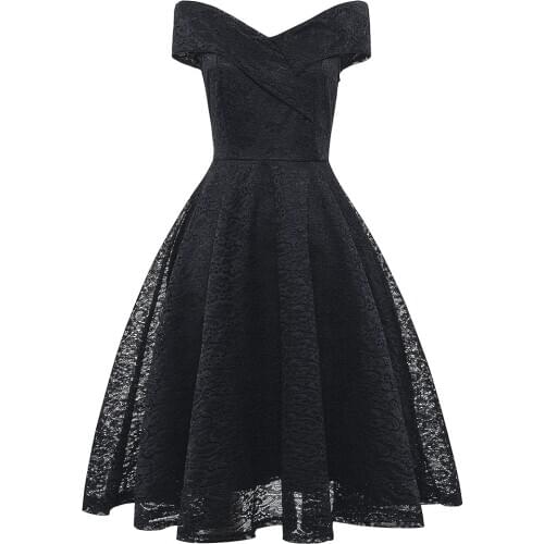 TMWEVN Party V-Neck Dress A-line Short Sleeve Robe Vintage Retro Casual Party Rockabilly Black 50s Lace Women Dress Plus Size