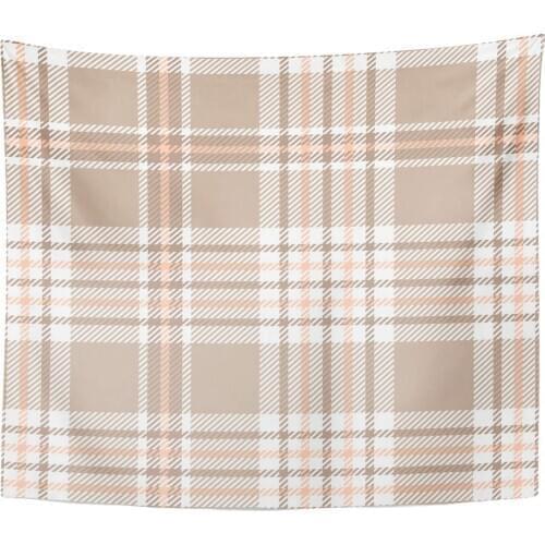Check Beige Bedding Plaid Pattern in Shades of Taupe Brown Pale Red and White Tan Border Checkered Home Decor Tapestry Wall Hang