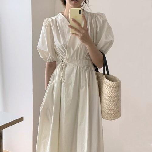 Sannian Women Dress 2021 New Summer V-neck Cross Ties Waist Skinny One Piece Bubble Sleeve Dress Ladies Clothes