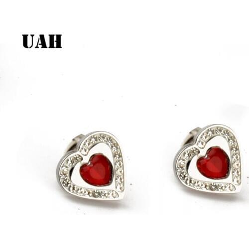 UAH Cute Love Heart Crystal Silver Color Stud Earrings Fashion Red CZ Rhinestone Jewelry Earrings For Women Wholesale Brincos