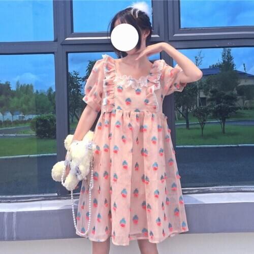 Lolita Sweet Puff Short Sleeve Women Dresses 2021 Summer Kawaii Bow Lace Mesh Princess Party Girl Pink Cute Casual Mini Dress